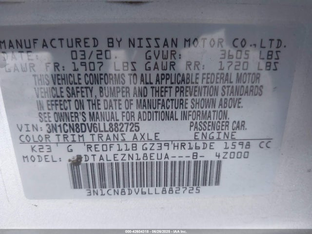 3N1CN8DV6LL882725 Nissan 2020