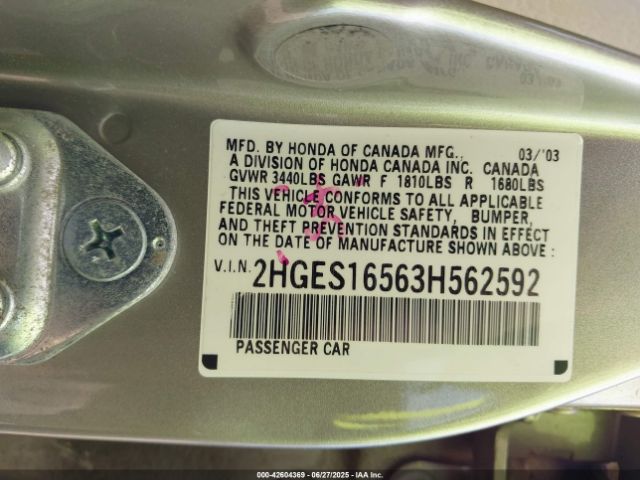 2003 HONDA CIVIC 2HGES16563H562592 Photo 8