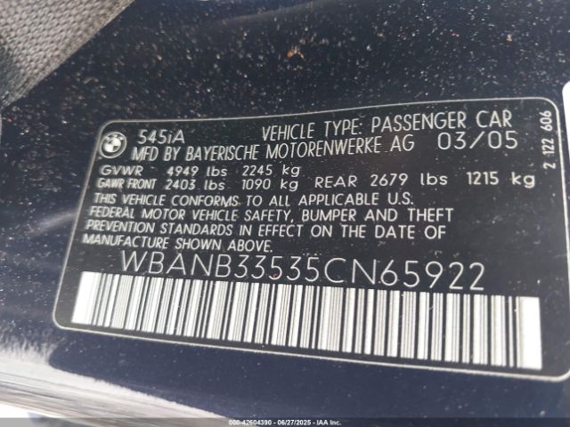 2005 BMW 545I WBANB33535CN65922 Photo 8