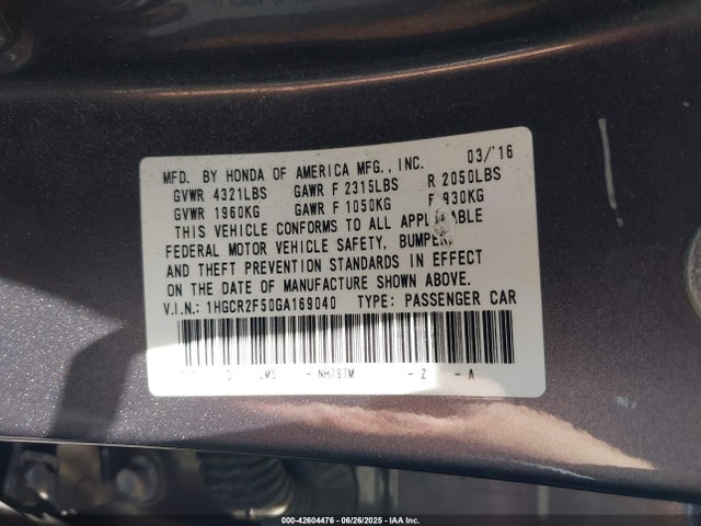 1HGCR2F50GA169040 Honda k24w1