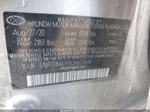 5NPD84LF9LH621648 Hyundai mpi nu
