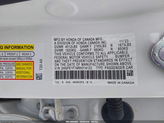 Honda l15b7 2024 2HGFE1F74RH314122 Image 9