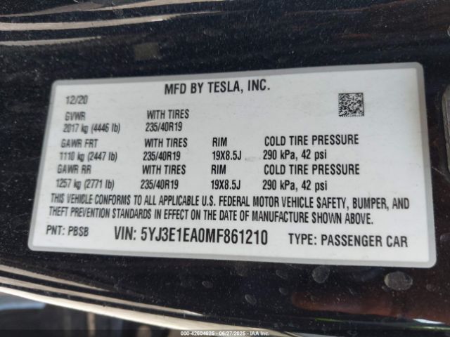 2021 TESLA MODEL 3 5YJ3E1EA0MF861210 Photo 8