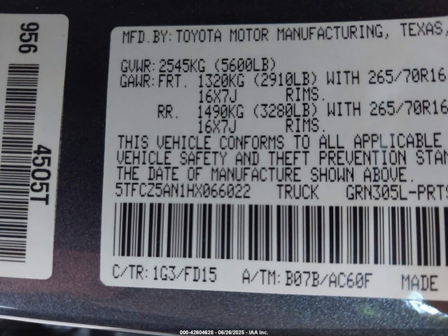 5TFCZ5AN1HX066022 Toyota 2gr-fks