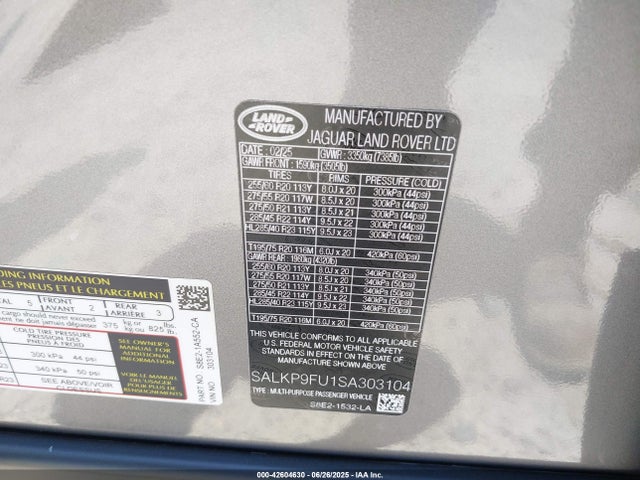 SALKP9FU1SA303104 Land Rover aj120p6h