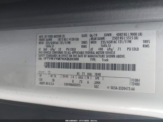 1FTYR1YM7KKB20309 Ford Transit