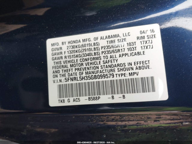 5FNRL5H35GB099579 Honda j35z8