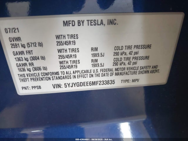 2021 TESLA MODEL Y 5YJYGDEE6MF233835 Photo 8
