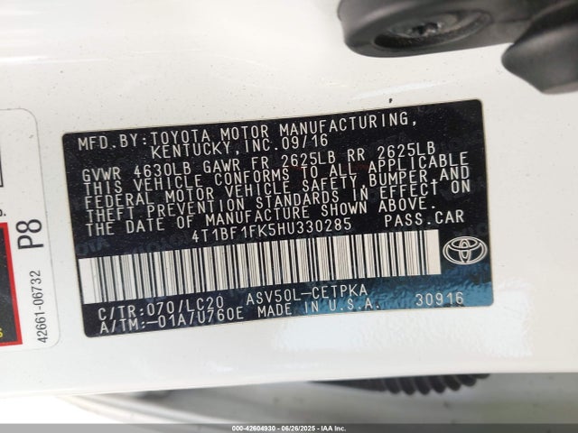 4T1BF1FK5HU330285 Toyota 2ar-fe