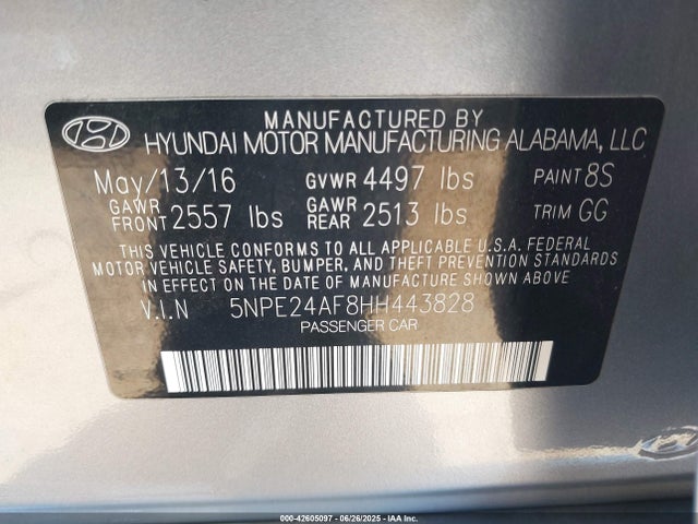 5NPE24AF8HH443828 Hyundai 2017