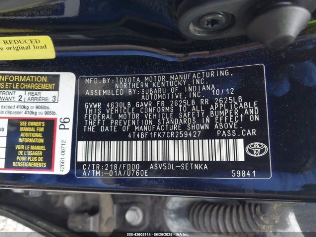 2012 TOYOTA CAMRY 4T4BF1FK7CR259427 Photo 8