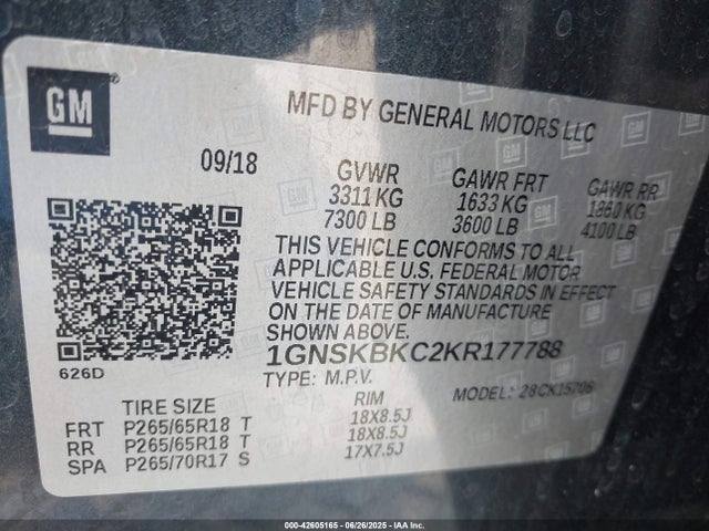 1GNSKBKC2KR177788 Chevrolet l83 - spark ignited direct injection, variable valve timing, afm, e85 max, alum