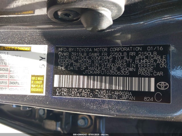 JTDKARFU1G3506305 Toyota 2zr-fxe,1nm