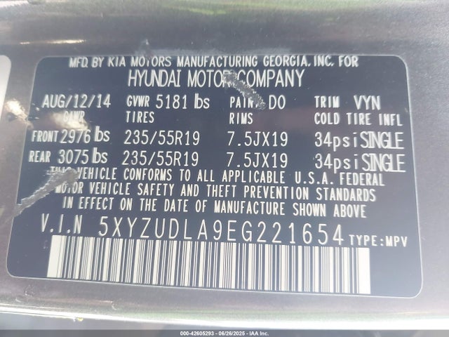 5XYZUDLA9EG221654 Hyundai t-gdi theta