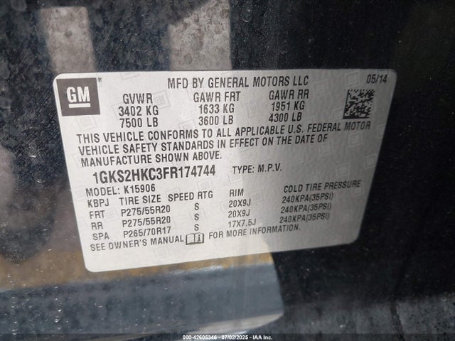 1GKS2HKC3FR174744 GMC l83 - vvt, active fuel management, aluminum