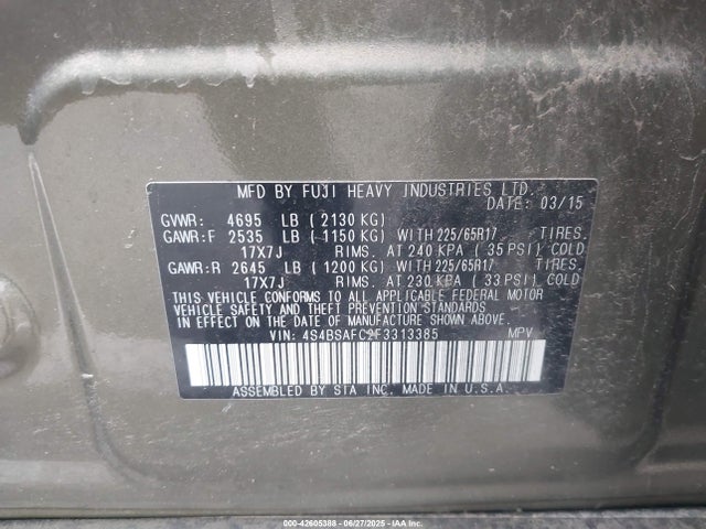 Subaru 2.5l u5 2015 4S4BSAFC2F3313385 Image 9