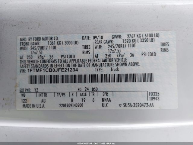 2018 FORD F-150 1FTMF1CB0JFE21234 Photo 8