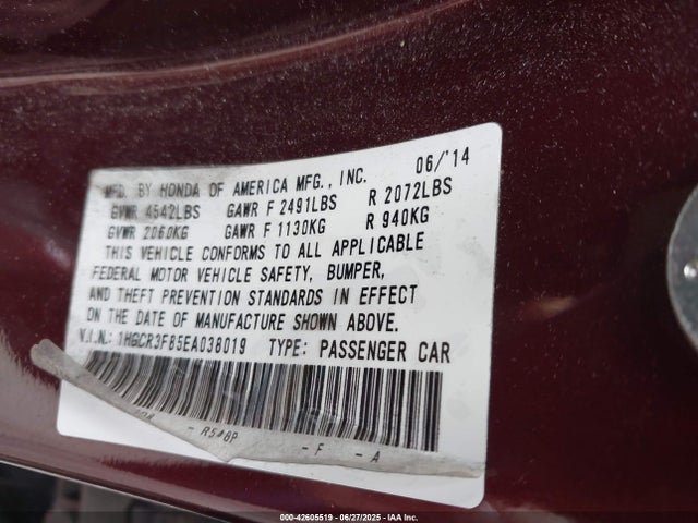 Honda j35y1 2014 1HGCR3F85EA038019 Image 9