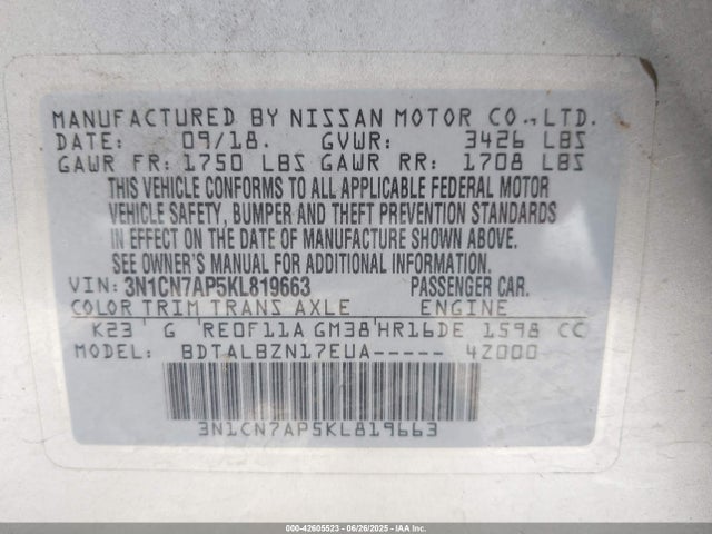 3N1CN7AP5KL819663 Nissan 2019