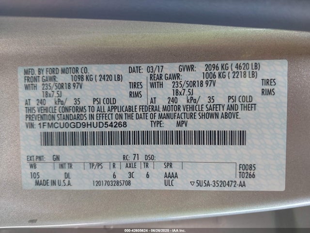 1FMCU0GD9HUD54268 Ford gtdi sigma w/premium fuel