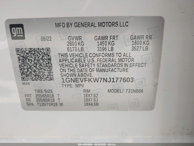 1GNEVFKW7NJ177603 Chevrolet lfy