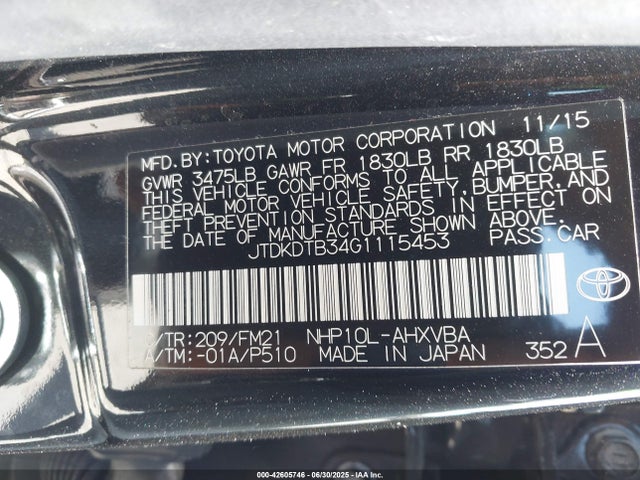 JTDKDTB34G1115453 Toyota 1nz-fxe+1lm