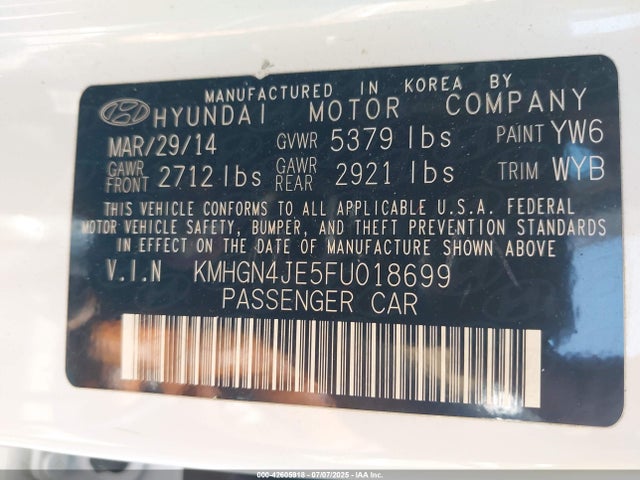 KMHGN4JE5FU018699 Hyundai gasoline 3.8 dohc mpi lambda