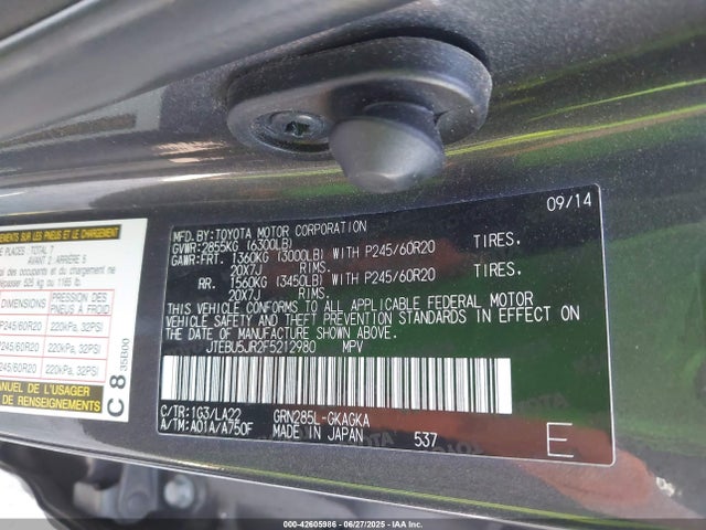 Toyota 1gr-fe 2015 JTEBU5JR2F5212980 Image 9