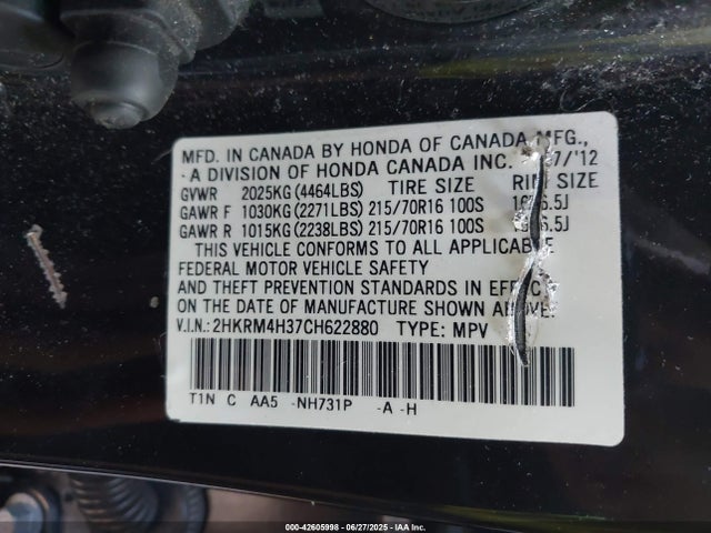 Aukcja sprzedaży 2012 Honda Cr-v Lx, vin: 2HKRM4H37CH622880, numer aukcji: 42605998