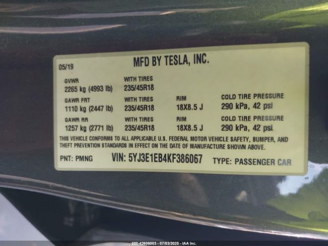 2019 TESLA MODEL 3 5YJ3E1EB4KF386067 Photo 8