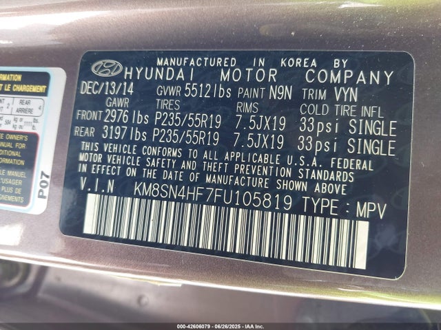 KM8SN4HF7FU105819 Hyundai dohc gdi lambda ii