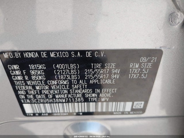 3CZRU5H38NM711385 Honda r18z9