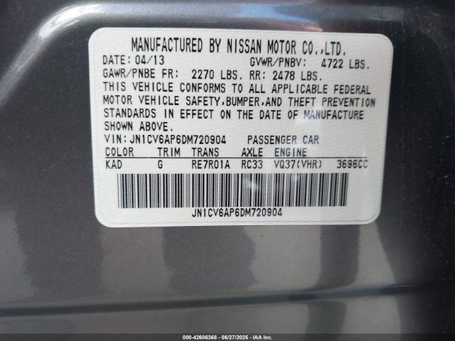42606368 :رقم المزاد ، JN1CV6AP6DM720904 vin ، 2013 Infiniti G37 Journey مزاد بيع