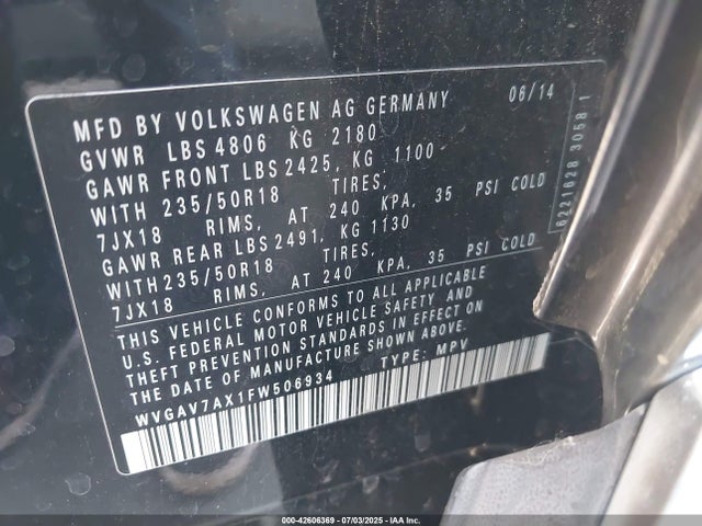 WVGAV7AX1FW506934 Volkswagen 2015