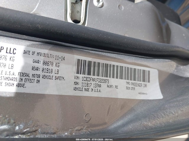 Aukcja sprzedaży 2015 Dodge Dart Se, vin: 1C3CDFAA1FD223973, numer aukcji: 42606479