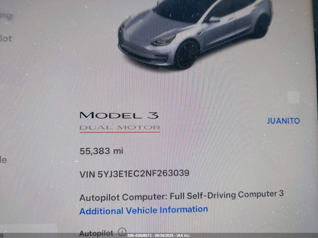 5YJ3E1EC2NF263039 Tesla MODEL 3