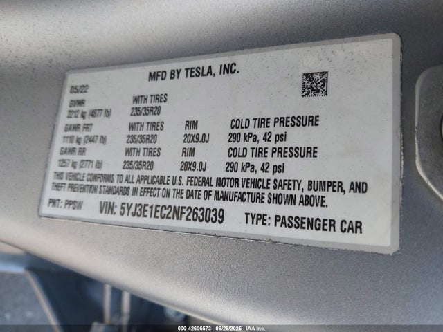 5YJ3E1EC2NF263039 Tesla MODEL 3