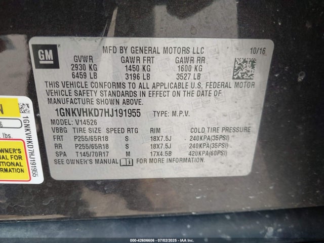 1GNKVHKD7HJ191955 Chevrolet llt - sidi: spark ignited direct injection, alum, 60 degrees