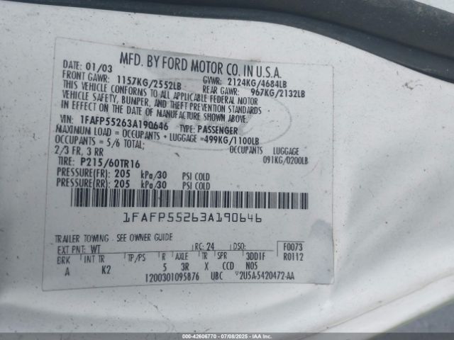2003 FORD TAURUS 1FAFP55263A190646 Photo 8