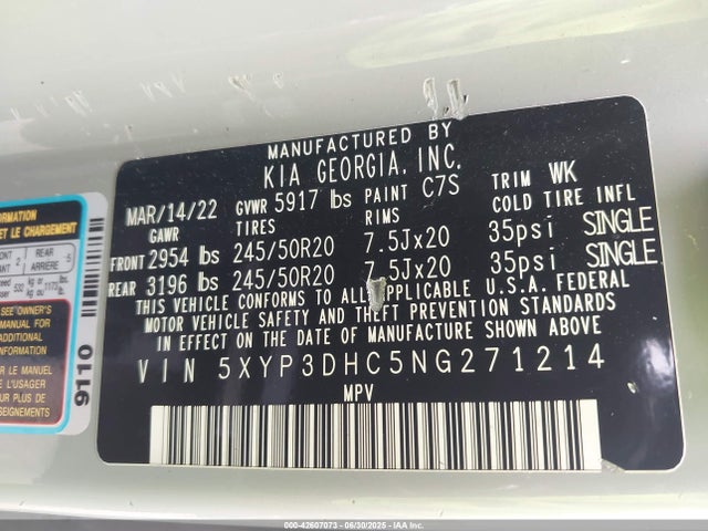 5XYP3DHC5NG271214 KIA gdi lambda-ii