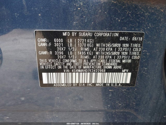 4S4WMAHD7K3422968 Subaru Ascent