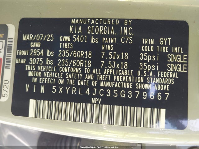 5XYRL4JC3SG379667 KIA gdi theta-iii