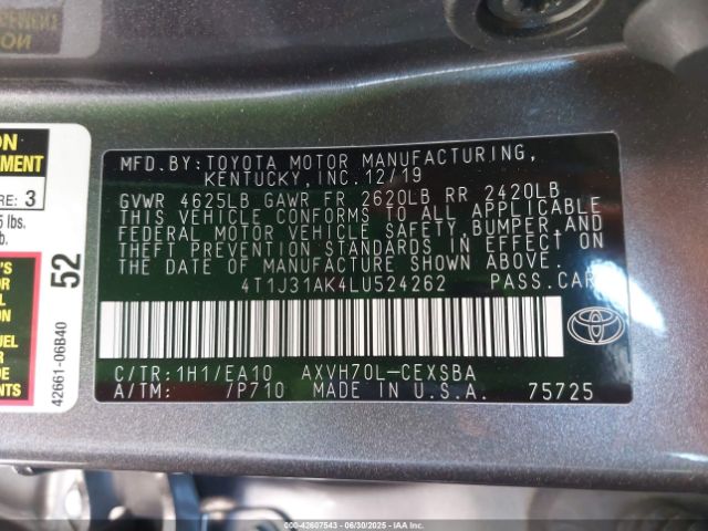 2020 TOYOTA CAMRY 4T1J31AK4LU524262 Photo 8