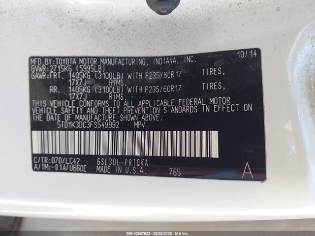 5TDYK3DC3FS549992 Toyota 2gr-fks