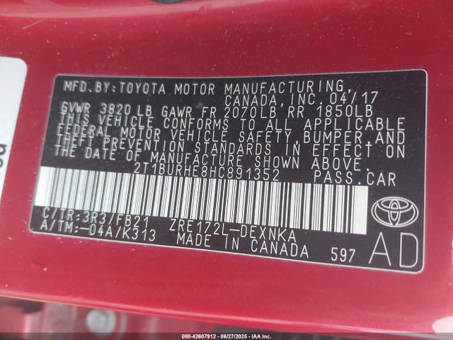 2T1BURHE8HC891352 Toyota 2zr-fe