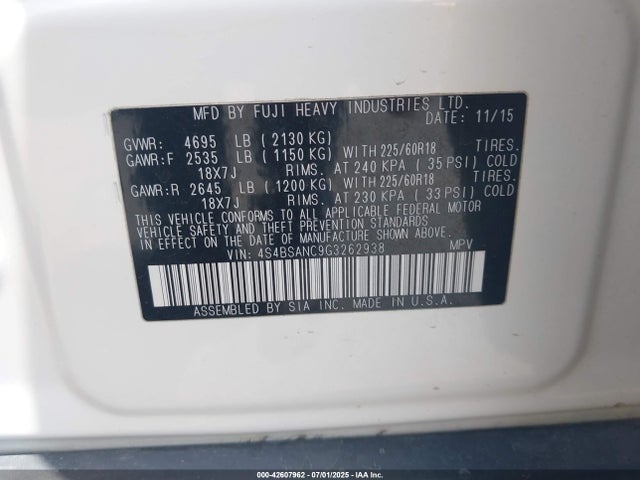 4S4BSANC9G3262938 Subaru 2.5l u5