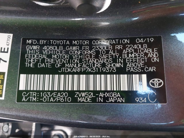 JTDKARFP7K3119373 Toyota 2zr-fxe+1nm