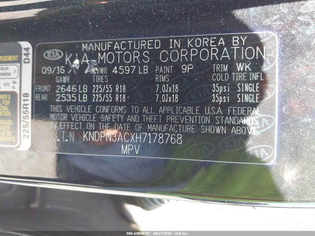 KNDPN3ACXH7178768 KIA gdi theta ii