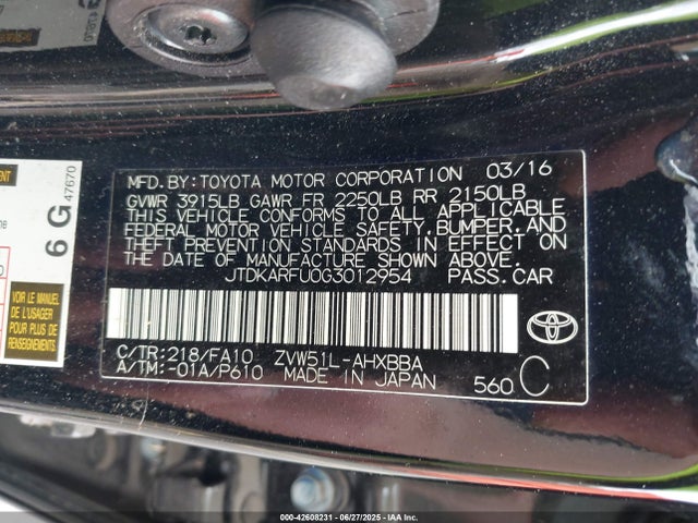 JTDKARFU0G3012954 Toyota 2zr-fxe,1nm
