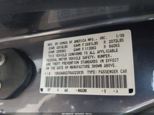 2006 ACURA TL 19UUA66276A022835 Photo 8